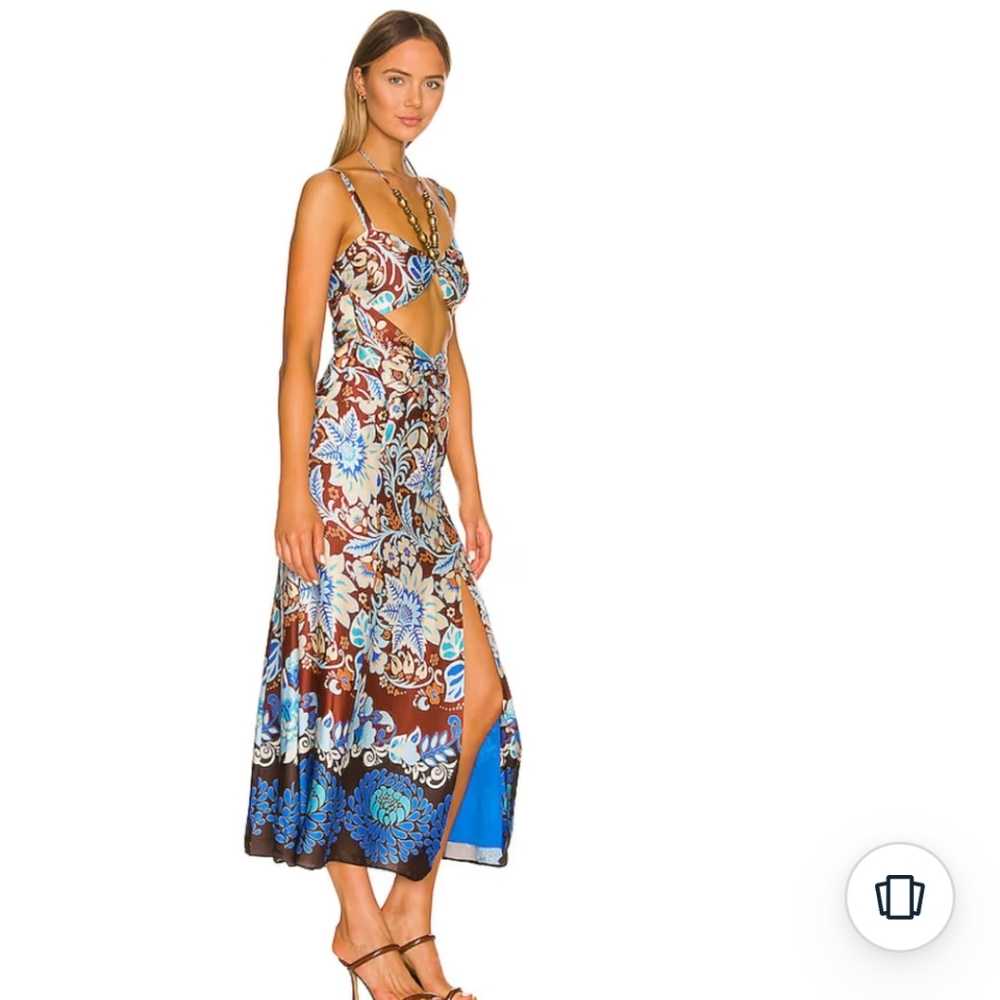 NWT Alexis Nisa Mix Floral Satin Halter Dress Brun Blossom Slip XS Blue
